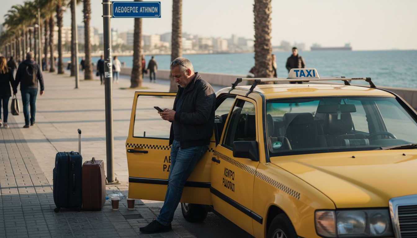 Οδηγός ταξί στην παραλία της Λάρνακας περιμένει με βαλίτσες