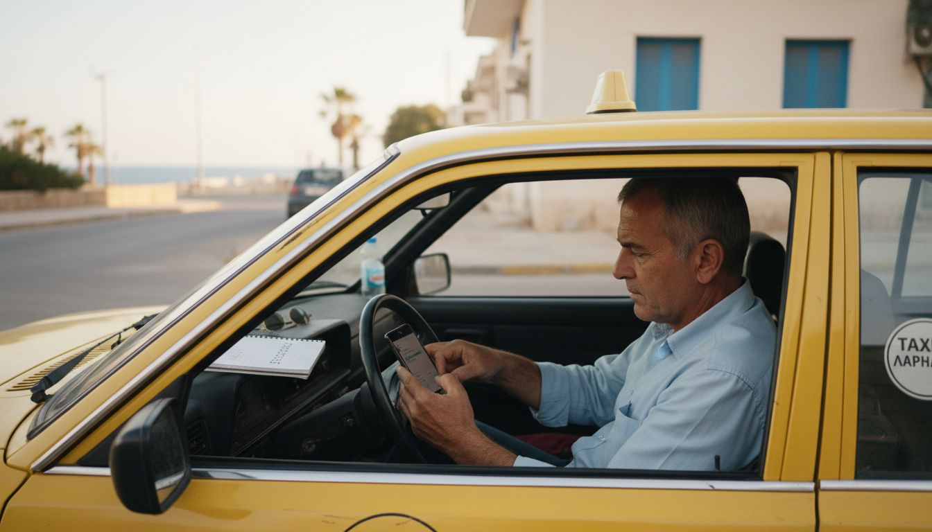 Ο οδηγός ταξί στη Λάρνακα κλείνει κούρσα τηλεφωνικά.