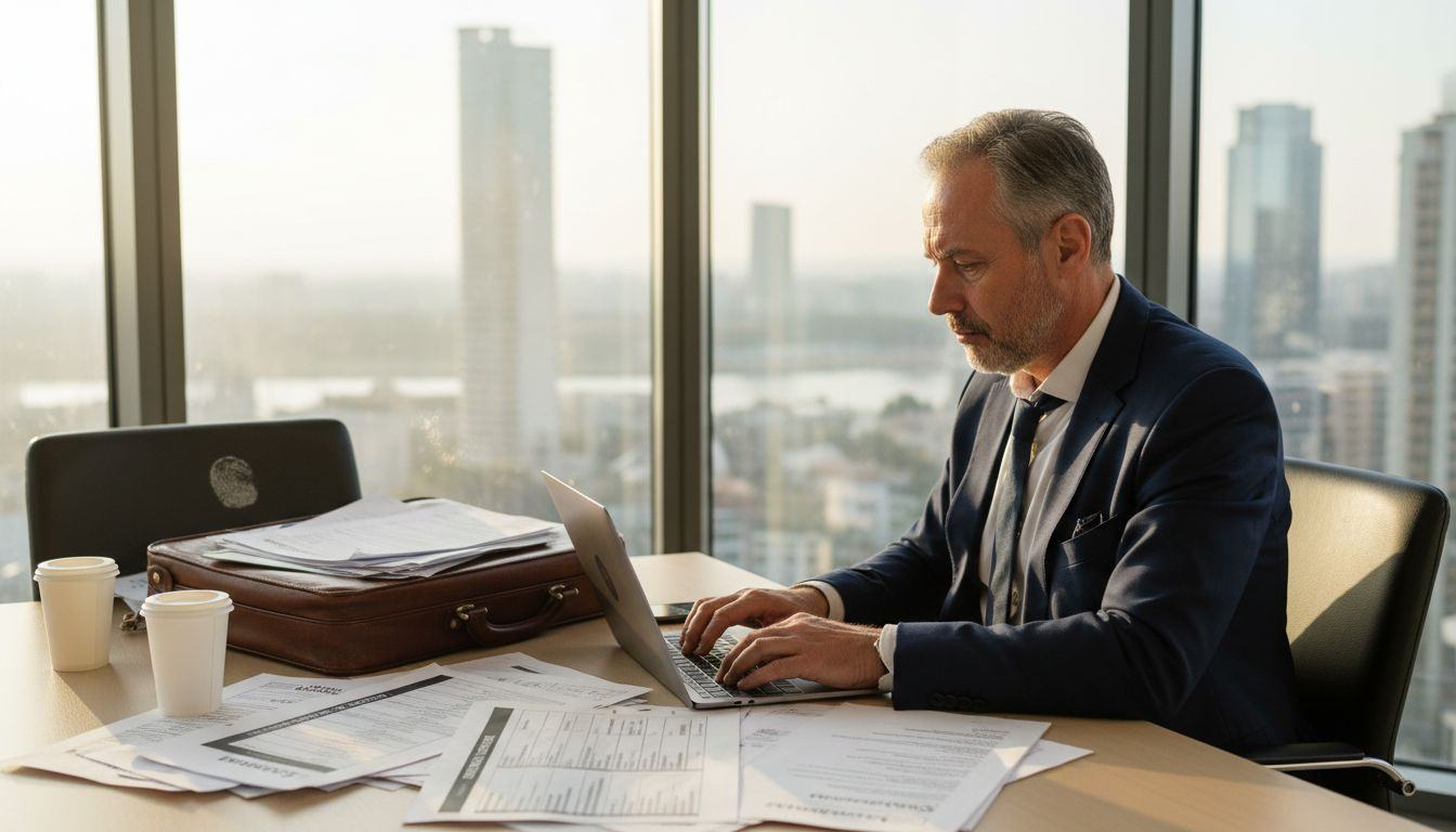 Ένας επιχειρηματίας οργανώνει το επόμενο επαγγελματικό του ταξίδι σε ένα φωτεινό γραφείο, γεμάτος ενέργεια και διάθεση για νέες ευκαιρίες.