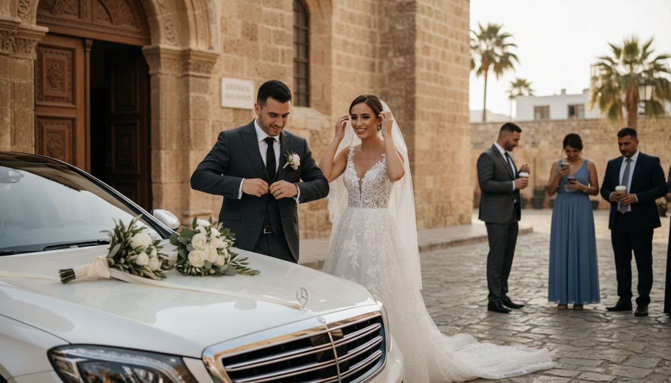 Το νιόπαντρο ζευγάρι φτάνει στην εκκλησία της Λάρνακας με το στολισμένο αυτοκίνητο του γάμου.