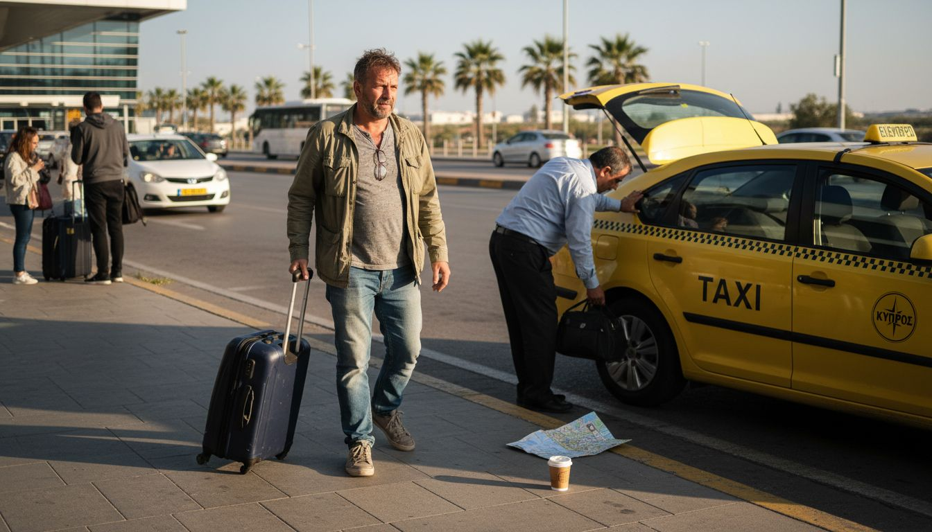 Ένας ταξιδιώτης τοποθετεί τις αποσκευές του έξω από το αεροδρόμιο Λάρνακας, εκεί που σταματούν τα αυτοκίνητα για επιβίβαση και αποβίβαση.