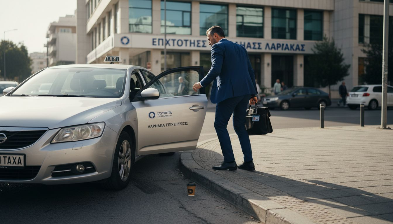 Ένας επιχειρηματίας μπαίνει σε ταξί έξω από τα γραφεία του στη Λάρνακα.