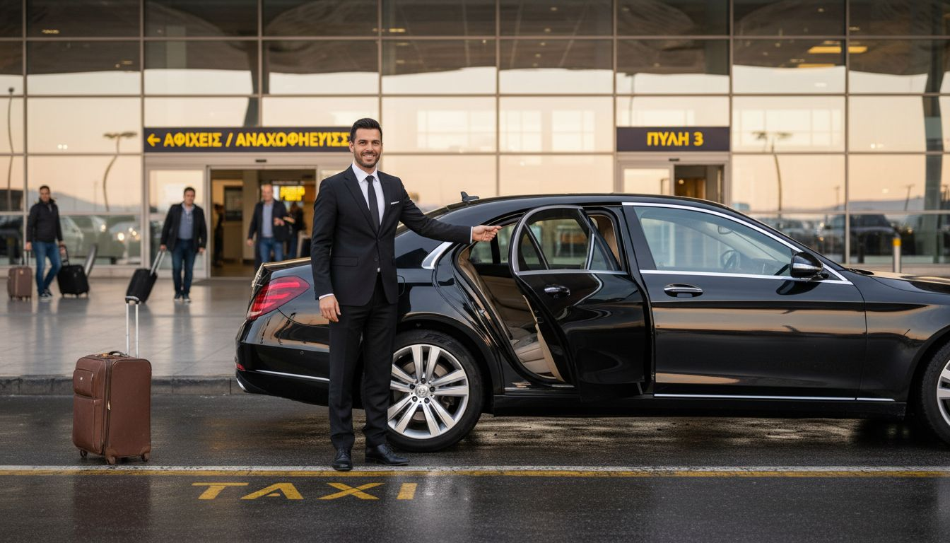 Ο οδηγός υποδέχεται τον επιβάτη στην αίθουσα αφίξεων του αεροδρομίου.