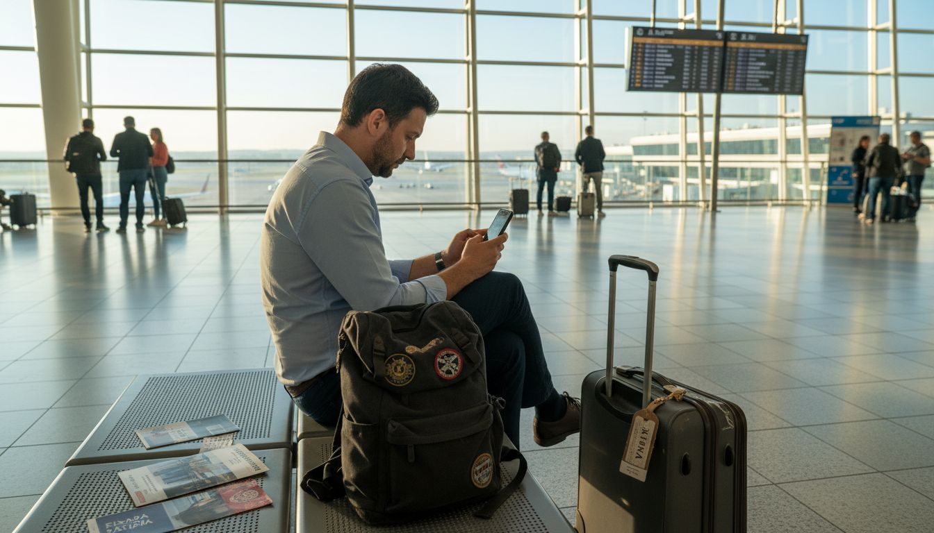 Ένας ταξιδιώτης κλείνει ταξί για το αεροδρόμιο από το κινητό του.