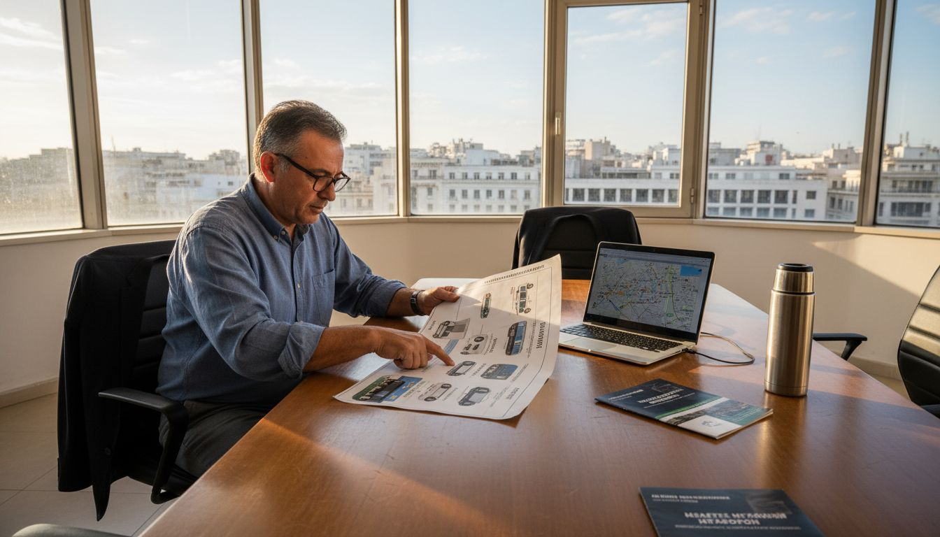 Άνδρας εξετάζει τις διαθέσιμες επιλογές οχημάτων σε γραφείο μεταφορών.