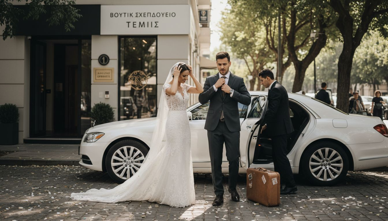 Το ζευγάρι βγαίνει από το αυτοκίνητο του γάμου, έτοιμο να κάνει την πρώτη του εμφάνιση μπροστά στους καλεσμένους.