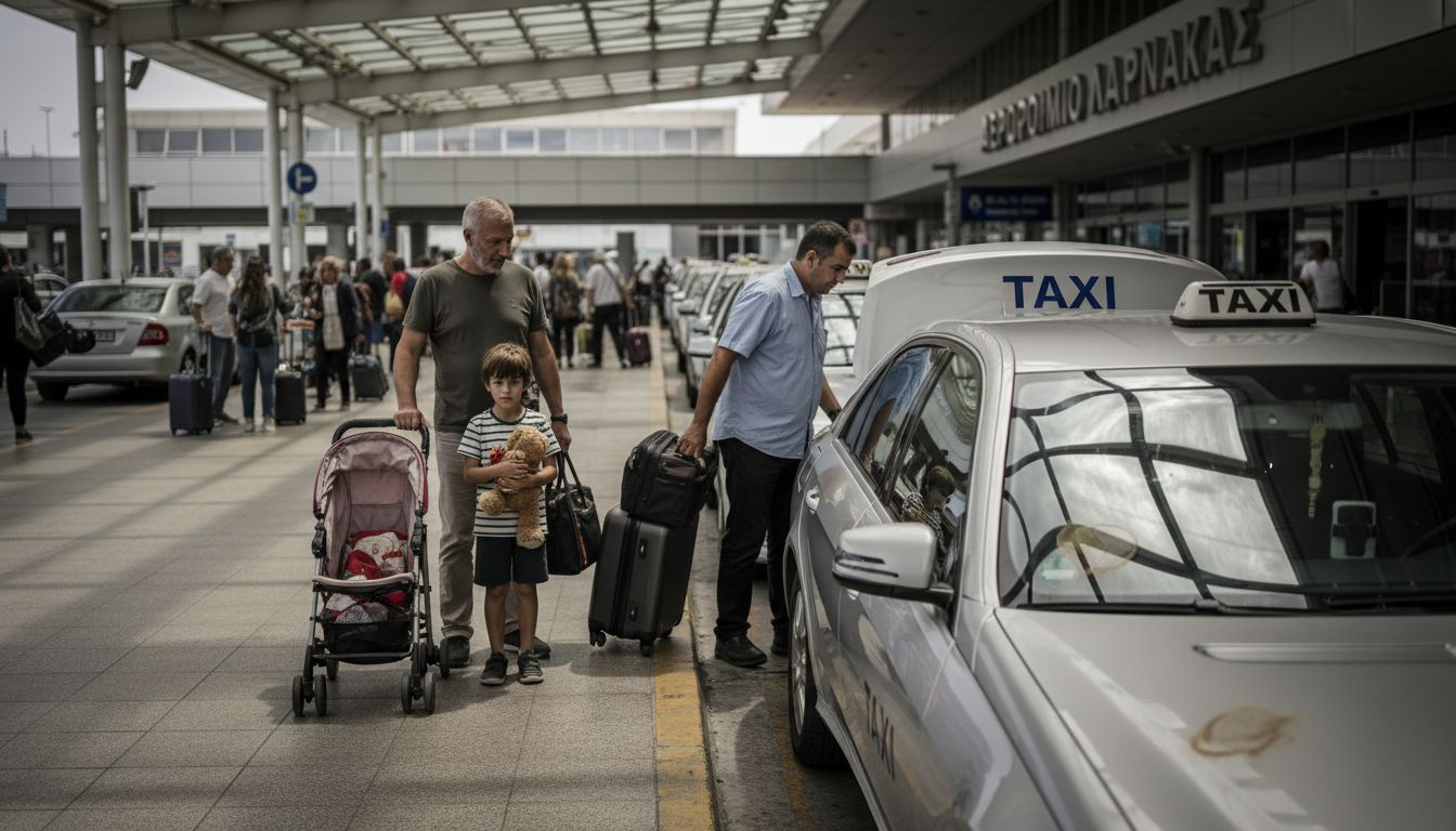 Μια οικογένεια φορτωμένη με βαλίτσες προσπαθεί να βρει ταξί ανάμεσα στη φασαρία και την κίνηση έξω από το αεροδρόμιο.