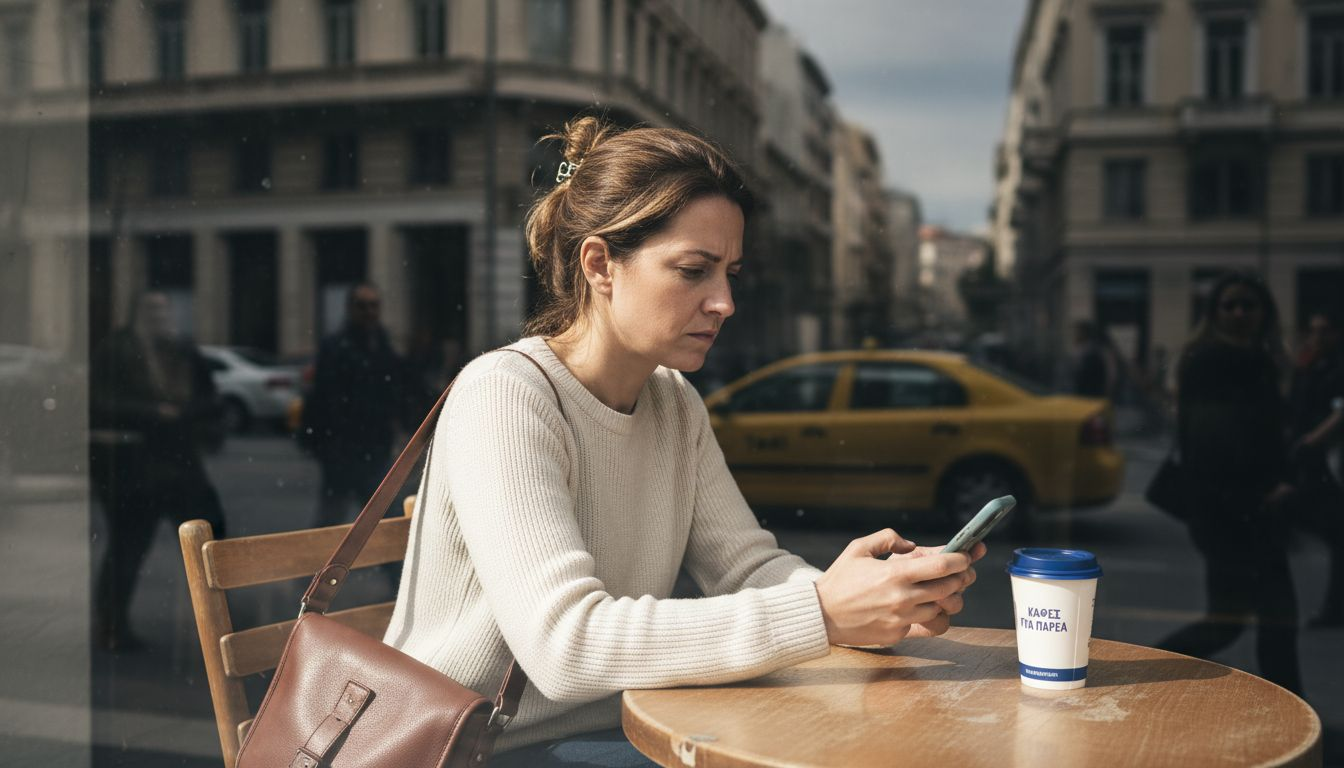 Μια γυναίκα κάθεται σε καφέ και καλεί ταξί από το κινητό της.