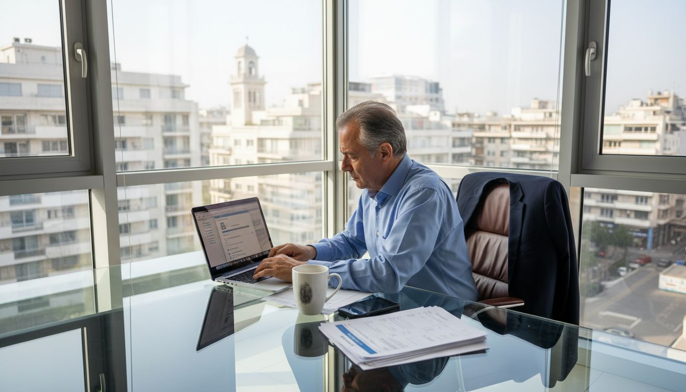 Επιχειρηματίας οργανώνει μεταφορές μέσω του φορητού του υπολογιστή στο γραφείο.