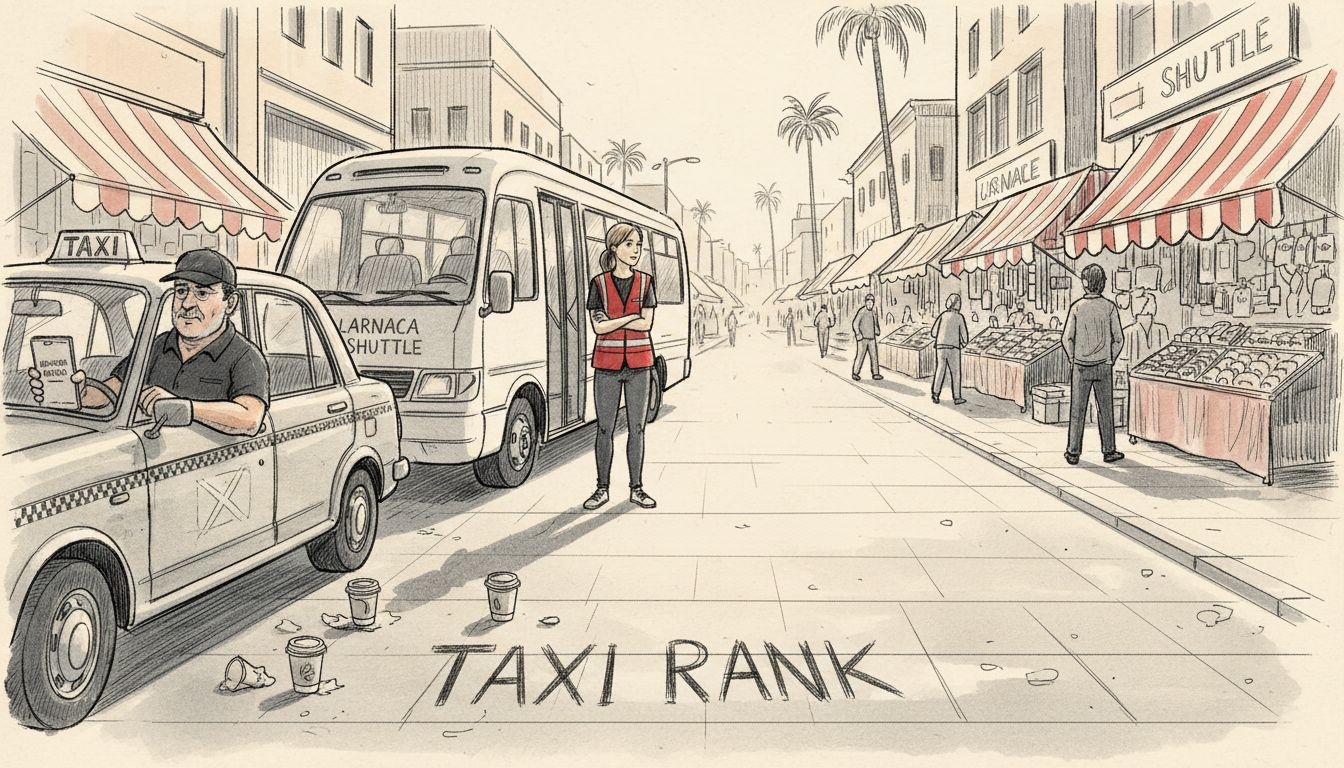 Taxi and shuttle parked in Larnaca street