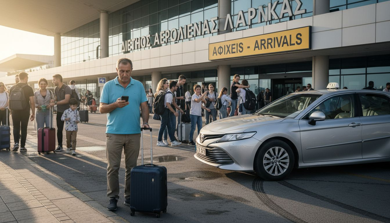 Ένας ταξιδιώτης περιμένει με τη βαλίτσα του έξω από το αεροδρόμιο της Λάρνακας, κοντά στο πεζοδρόμιο.