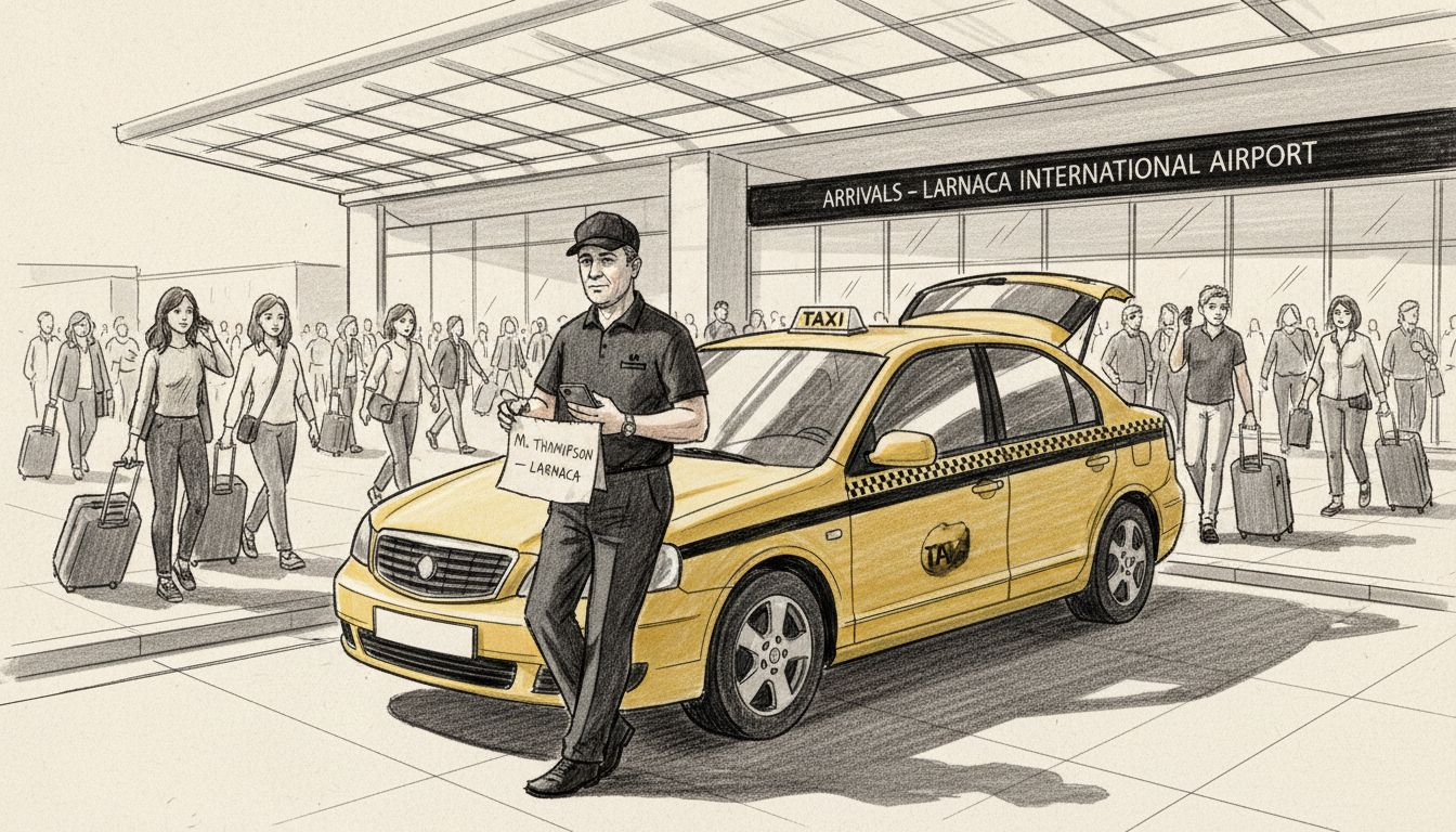 Taxi driver waiting at Larnaca airport arrivals