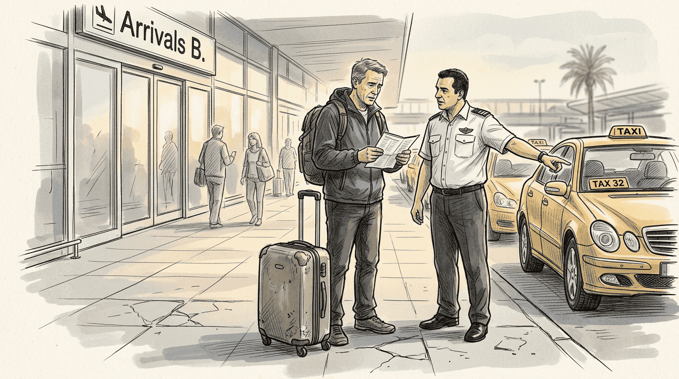 Traveler booking taxi at Larnaca Airport arrivals