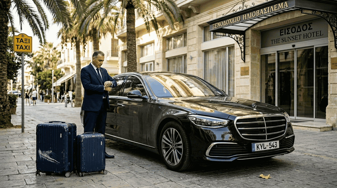 Ένας σοφέρ με πολυτελές σεντάν περιμένει έξω από ένα εντυπωσιακό ξενοδοχείο.