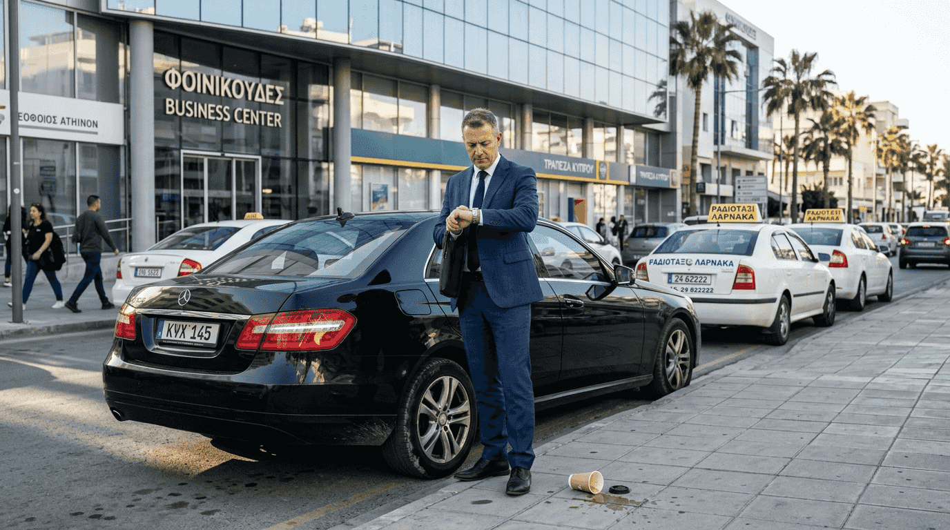 Ένας επιχειρηματίας περιμένει το ταξί για τη μεταφορά του έξω από το κτίριο.