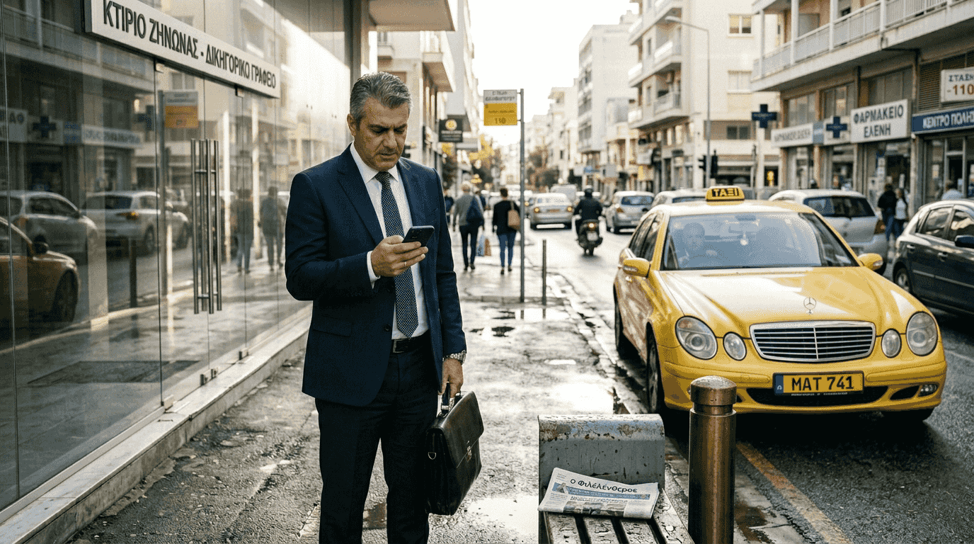 Στέλεχος επιχείρησης προσπαθεί να σταματήσει ταξί έξω από τα γραφεία της εταιρείας.