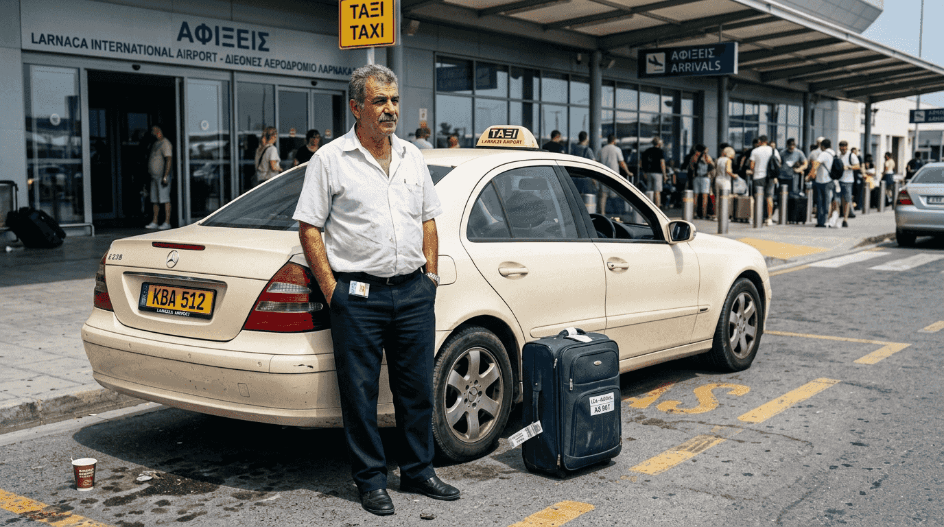 Ο ταξιτζής περιμένει έξω από το αεροδρόμιο της Λάρνακας, στο χώρο των αφίξεων.