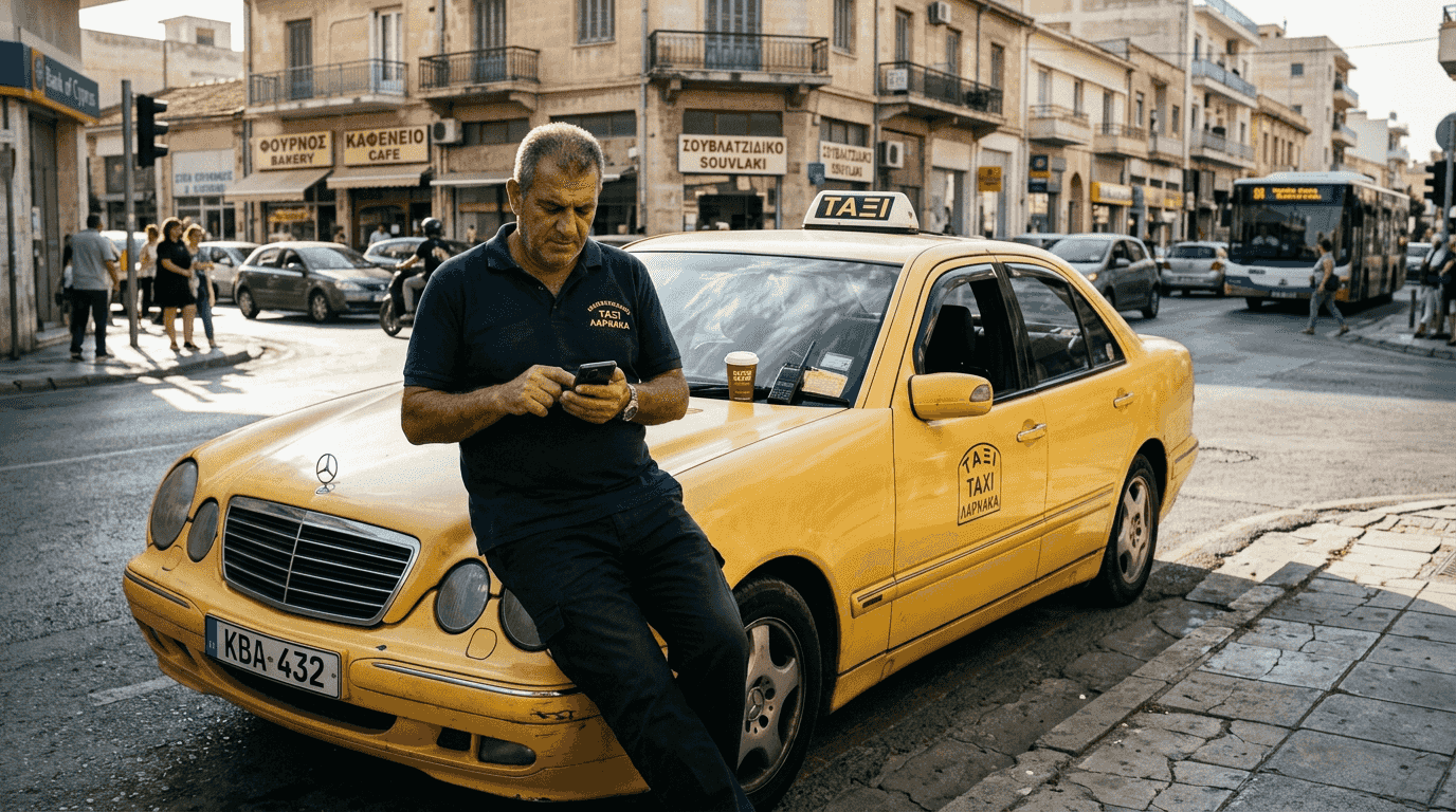 Οδηγός ταξί στους δρόμους της Λάρνακας, μέσα στην καθημερινή κίνηση της πόλης.