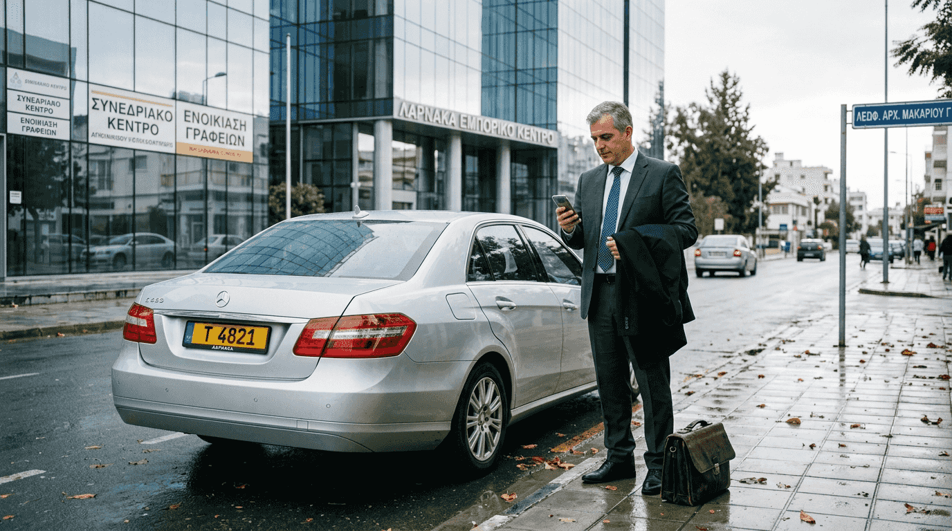 Στέλεχος περιμένει έξω από επιχειρηματικό κέντρο στη Λάρνακα.