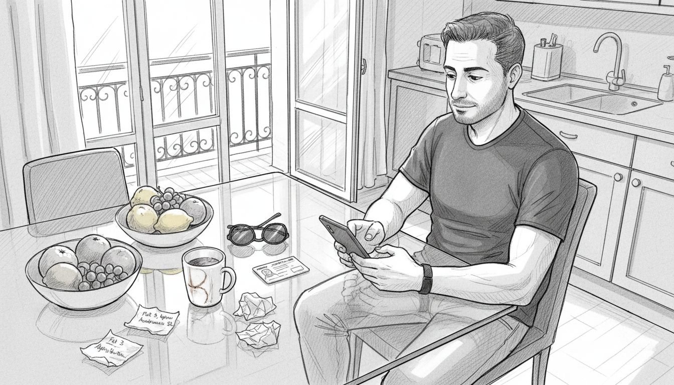 Man booking premium taxi on phone at kitchen table