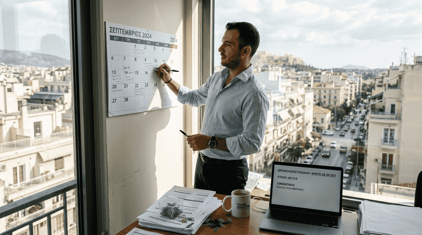 Ο υπεύθυνος ταξιδιών οργανώνει το πρόγραμμα της ημέρας του στο γραφείο του, με θέα ολόκληρη την πόλη.