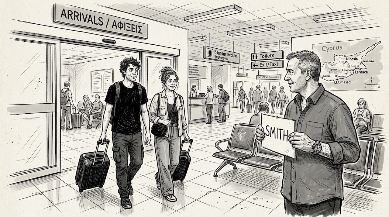 Travellers met by pickup driver at Larnaca airport