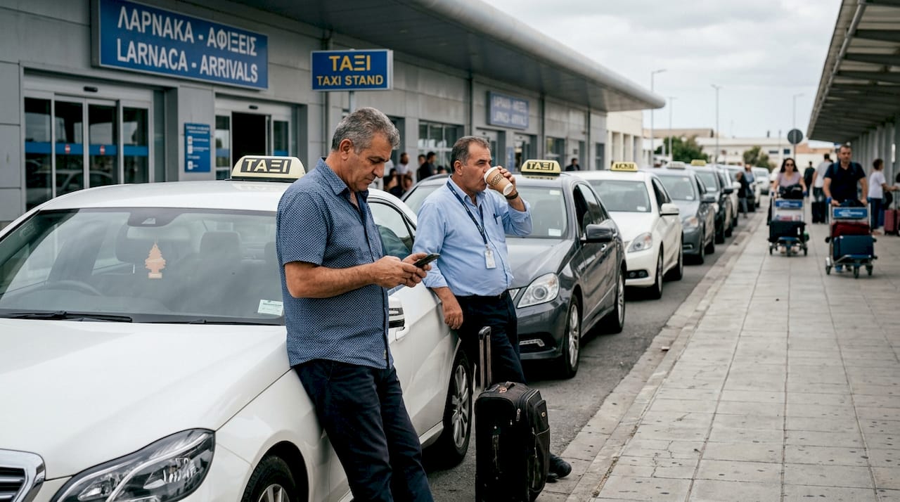Ουρά από ταξί έξω από το αεροδρόμιο Λάρνακας, με τους οδηγούς να περιμένουν επιβάτες.