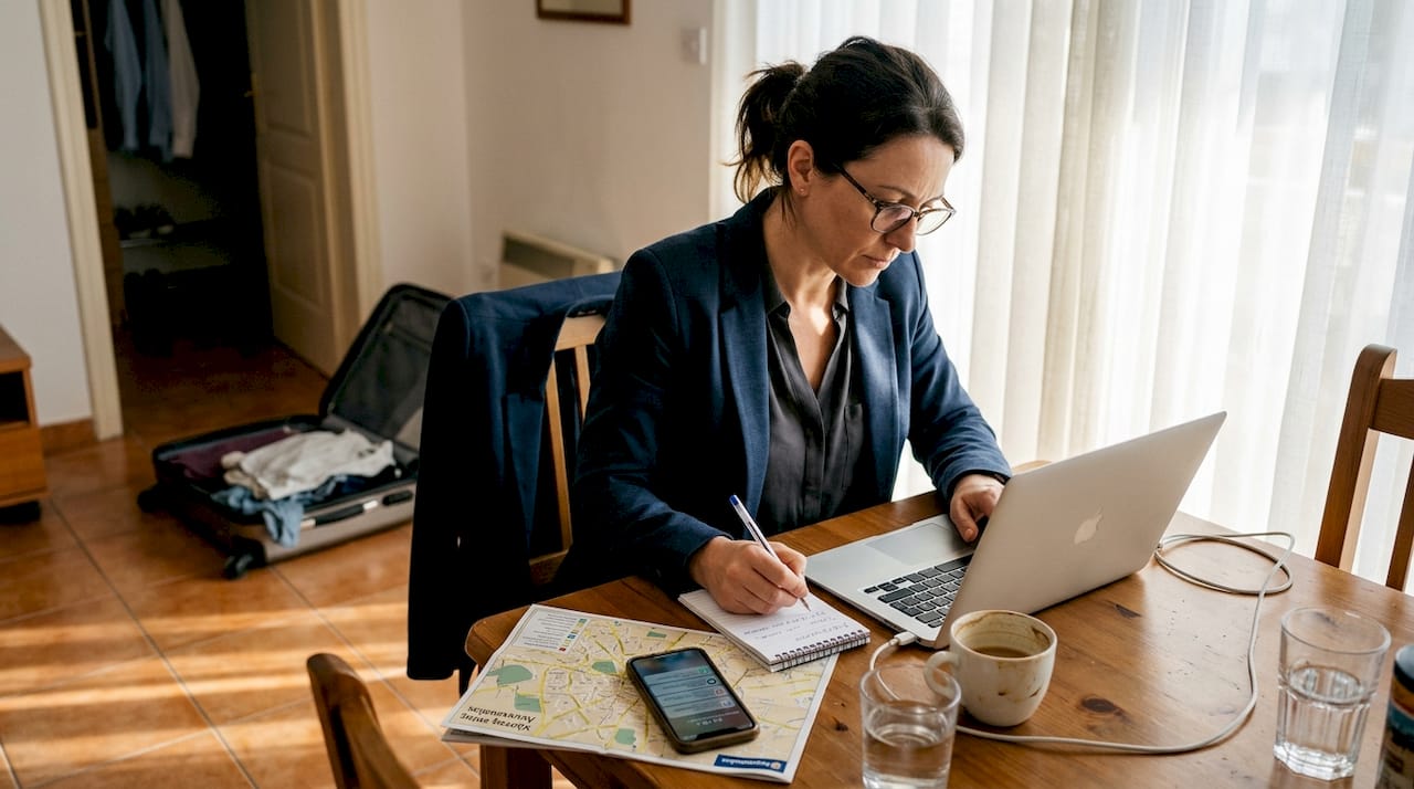 Μια επιχειρηματίας κάθεται στο τραπέζι της κουζίνας και οργανώνει το επόμενο επαγγελματικό της ταξίδι.