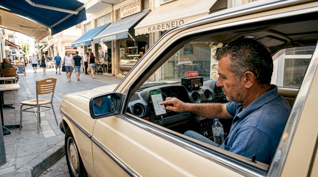 Οδηγός ταξί περιμένει στην άκρη του δρόμου, στο κέντρο της Λάρνακας.