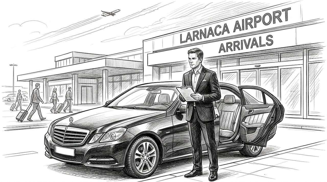 Chauffeur and executive car waiting at Larnaca Airport