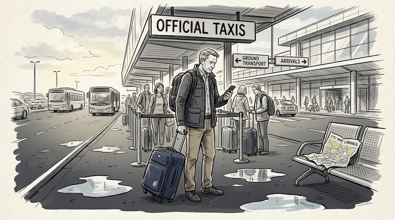 Traveler waiting at Larnaca Airport taxi rank