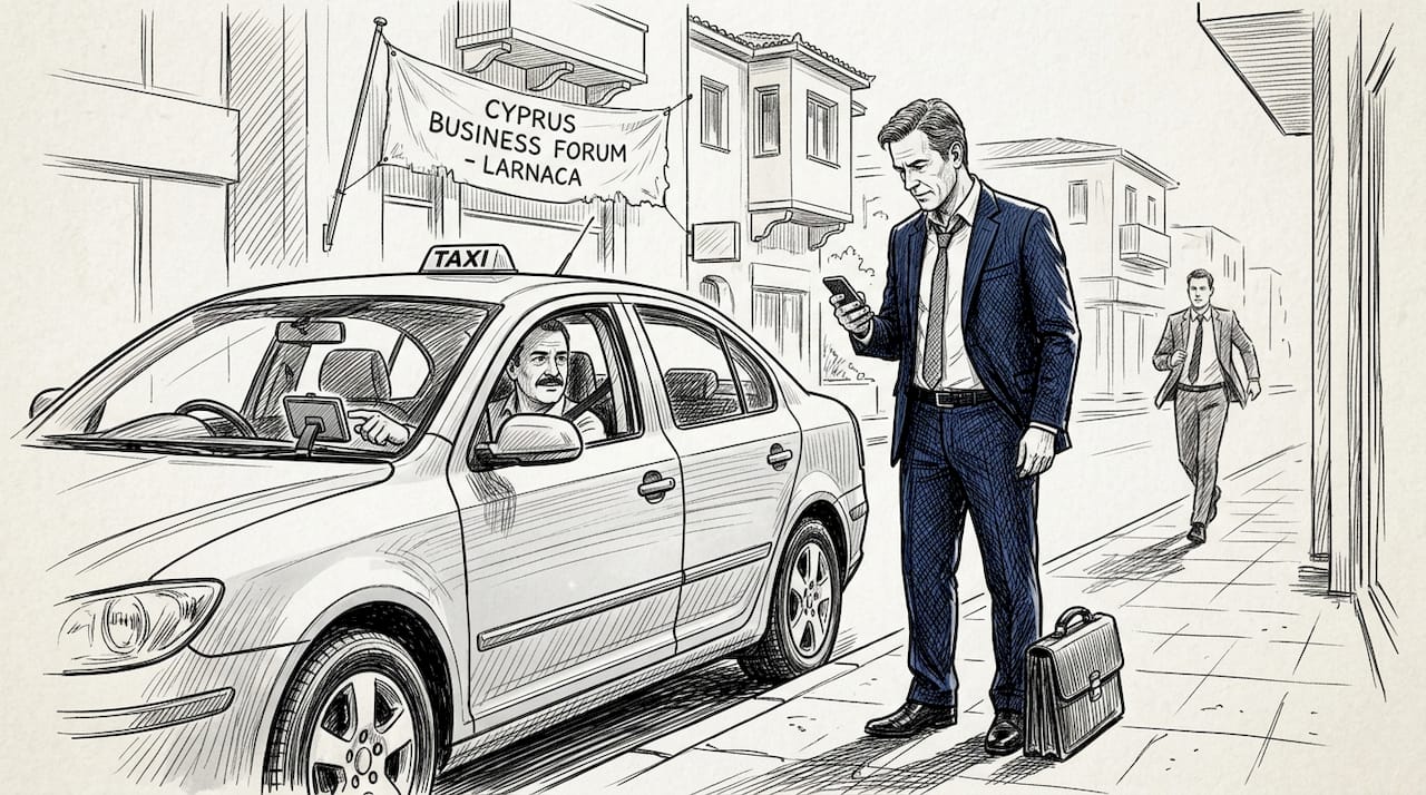 Business traveler with taxi outside Larnaca office