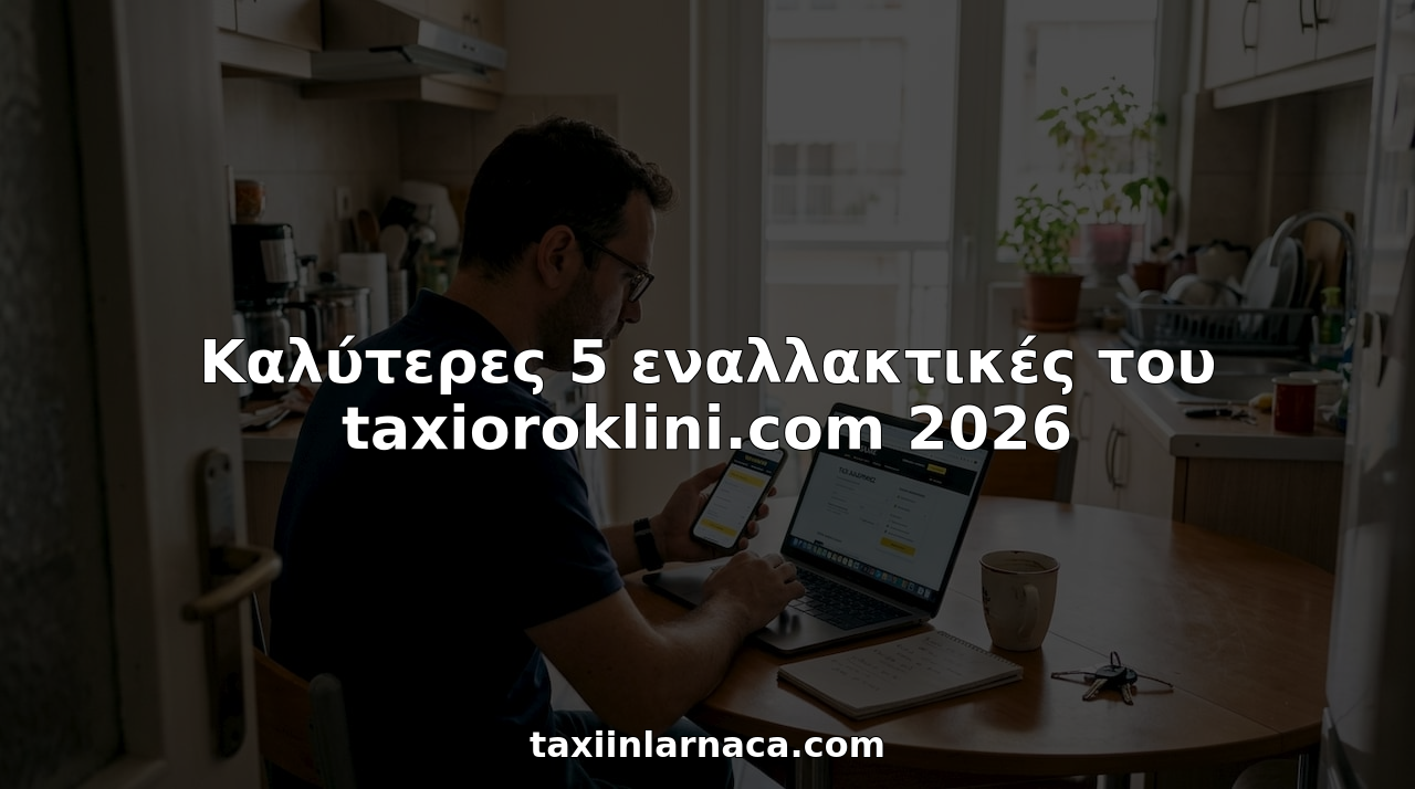 Ένα άτομο κάθεται στην κουζίνα του και ψάχνει να βρει ποια εταιρεία ταξί συμφέρει περισσότερο, συγκρίνοντας τιμές και υπηρεσίες στο κινητό ή το λάπτοπ.