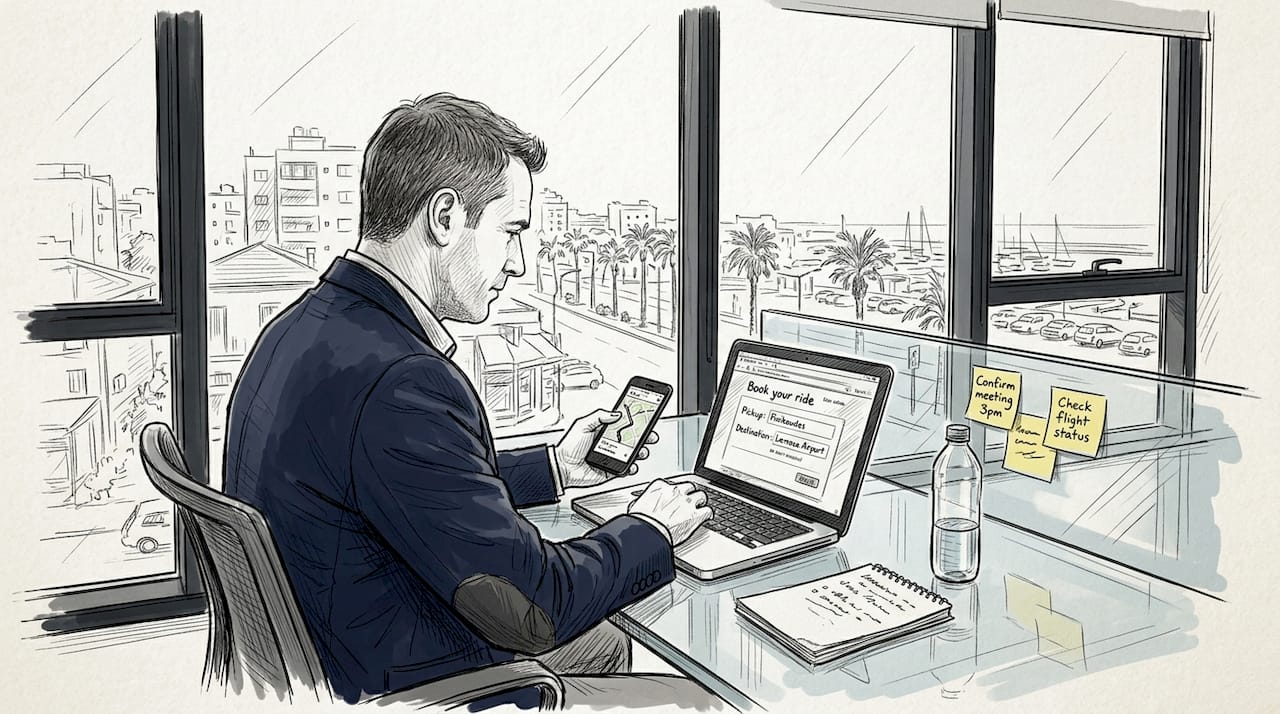 Business manager booking corporate taxi at office desk