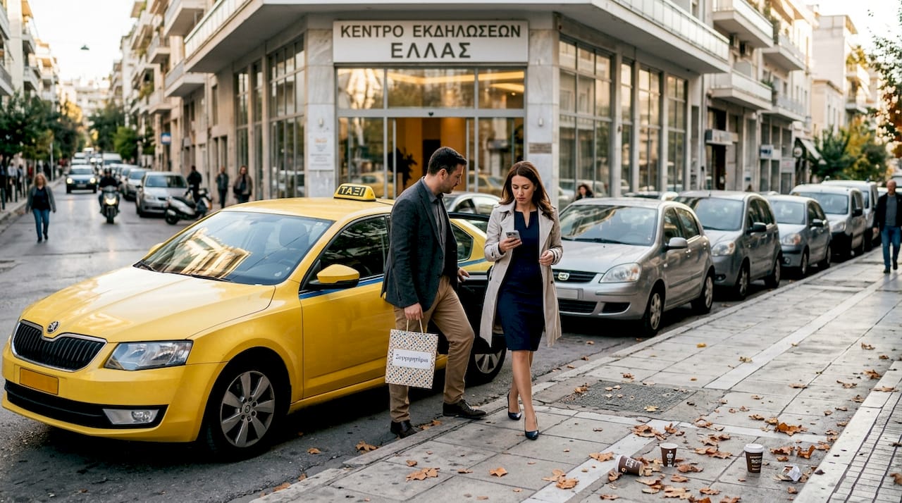 Οι καλεσμένοι φτάνουν στον χώρο της εκδήλωσης με ταξί.