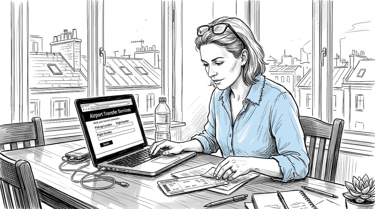 Woman planning airport transfer at home