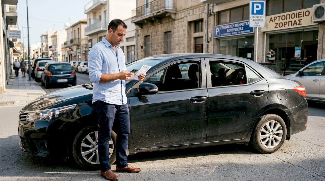 Ένας επαγγελματίας οδηγός ελέγχει την κράτησή του σε έναν από τους δρόμους της Λάρνακας.
