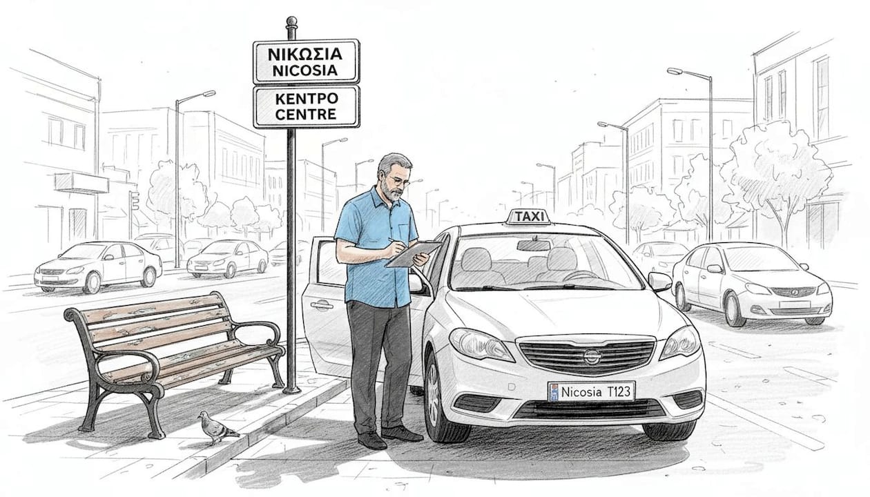 Taxi driver beside taxi on Nicosia street