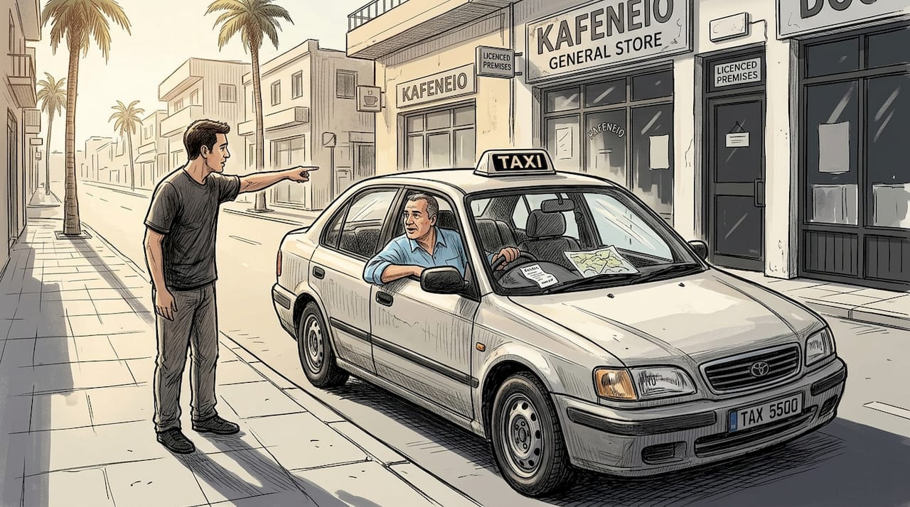 Taxi driver in Larnaca talking on city street