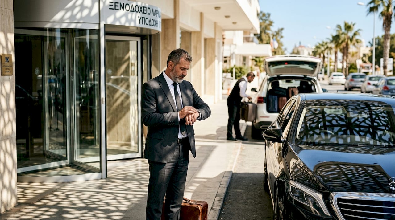 Ο προσωπικός οδηγός περιμένει με μια πολυτελή λιμουζίνα έξω από την είσοδο του ξενοδοχείου.
