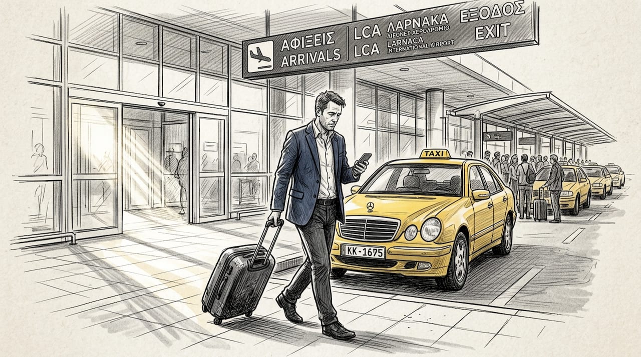 Business traveler exiting taxi at Larnaca airport