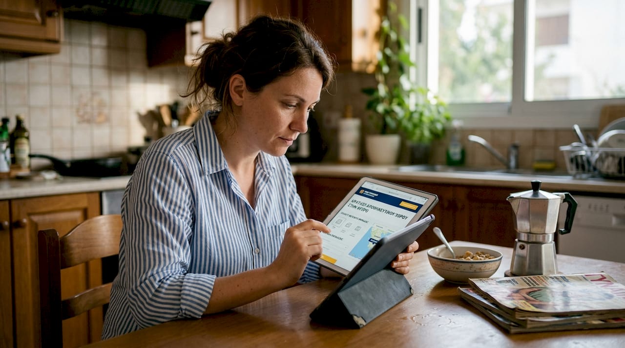 Μια γυναίκα στην Κύπρο οργανώνει και κλείνει χώρο αποθήκευσης για την κουζίνα της.