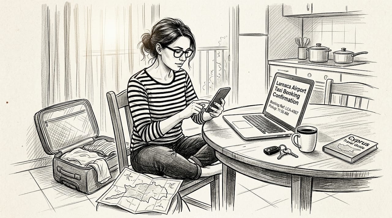 Woman booking taxi in sunny Larnaca kitchen