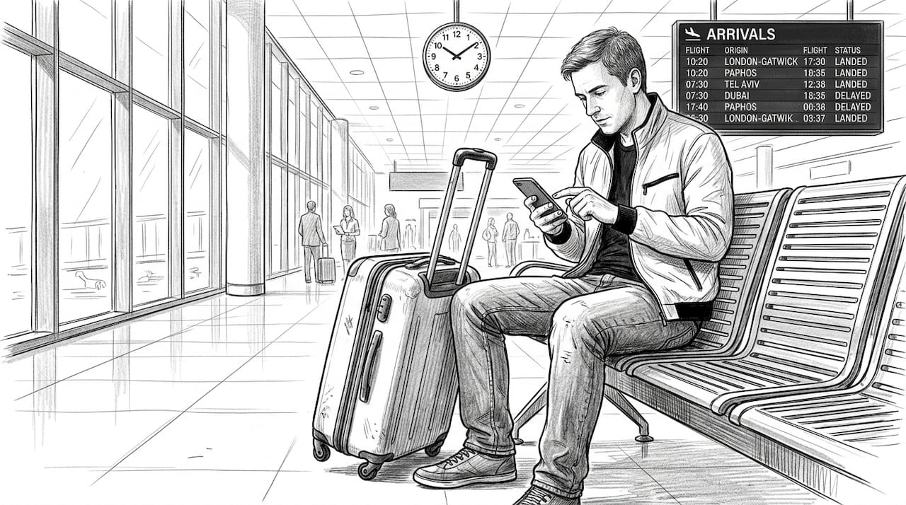 Traveler checking taxi booking at airport bench