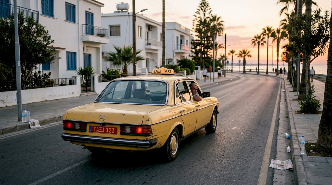 Ένα ταξί διασχίζει τους δρόμους της Λάρνακας ένα ήσυχο απόγευμα.