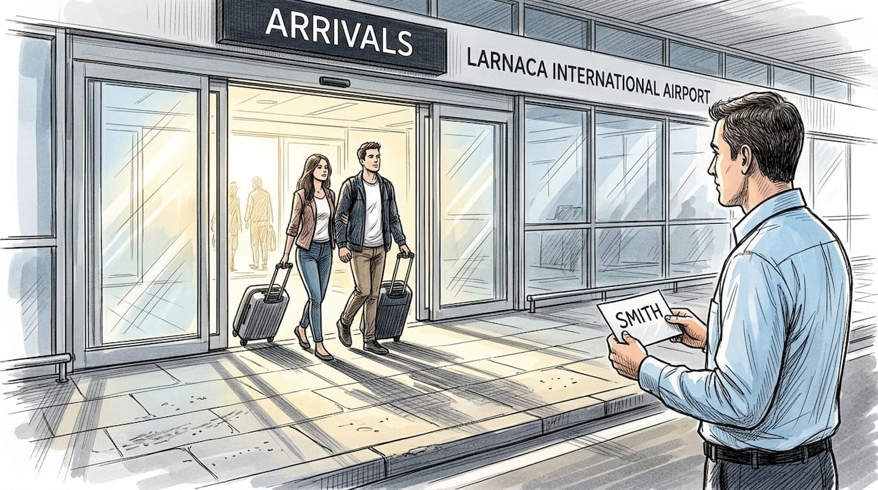 Travellers exiting Larnaca airport arrivals hall
