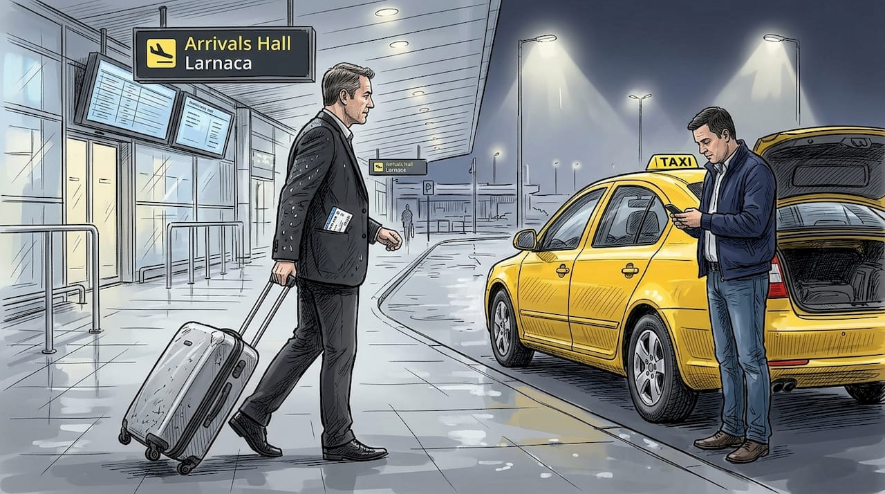 Traveler approaching airport taxi late night