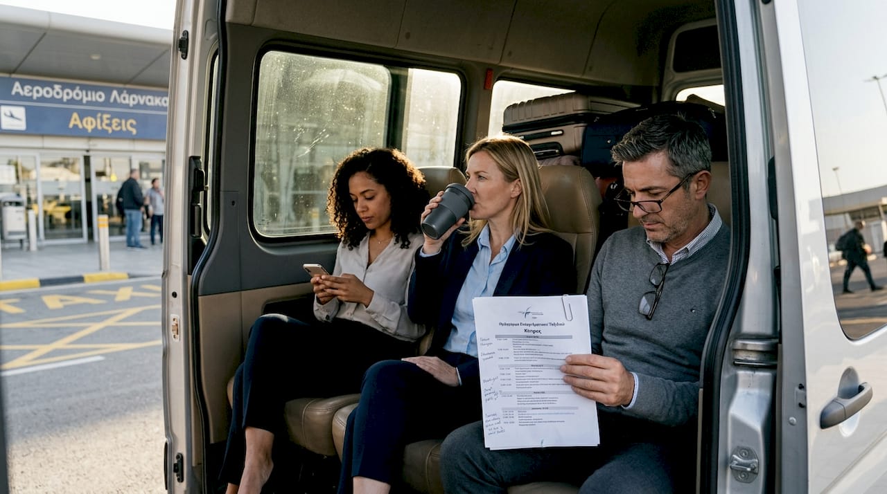 Επαγγελματική ομάδα επιβιβάζεται σε VIP μίνι βαν κοντά στο αεροδρόμιο, έτοιμη για το επόμενο επαγγελματικό της ταξίδι.