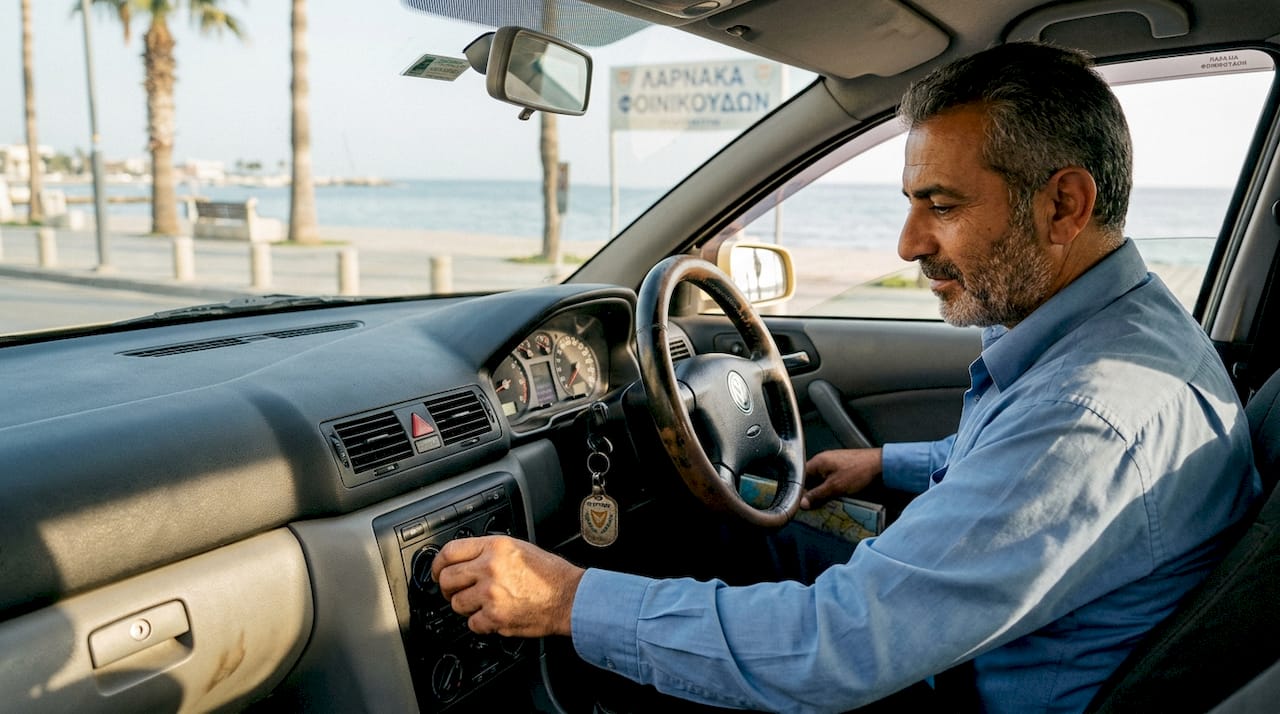 Έμπειρος οδηγός ταξί ελέγχει προσεκτικά τα όργανα του αυτοκινήτου του πριν ξεκινήσει τη διαδρομή.