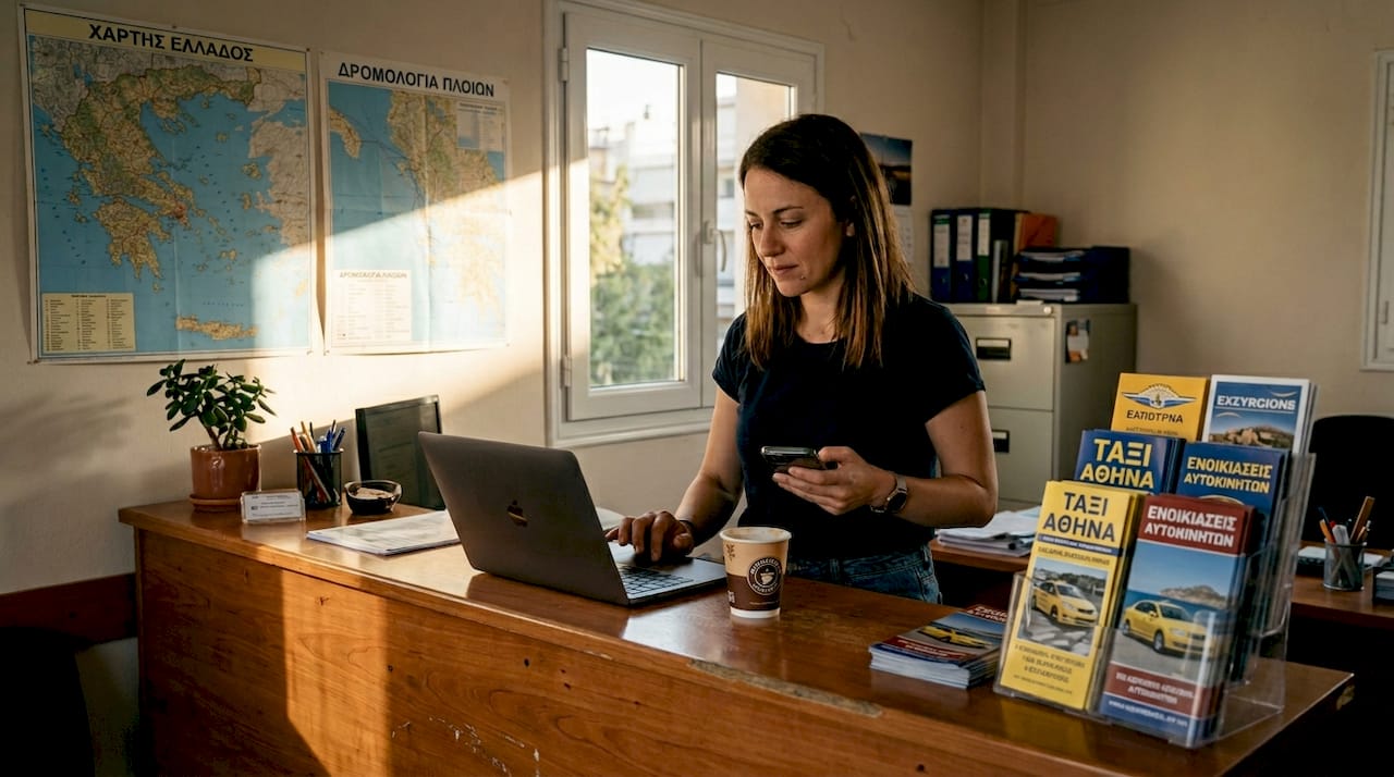 Γυναίκα κλείνει μεταφορά μέσω διαδικτύου στο γραφείο ταξιδίων